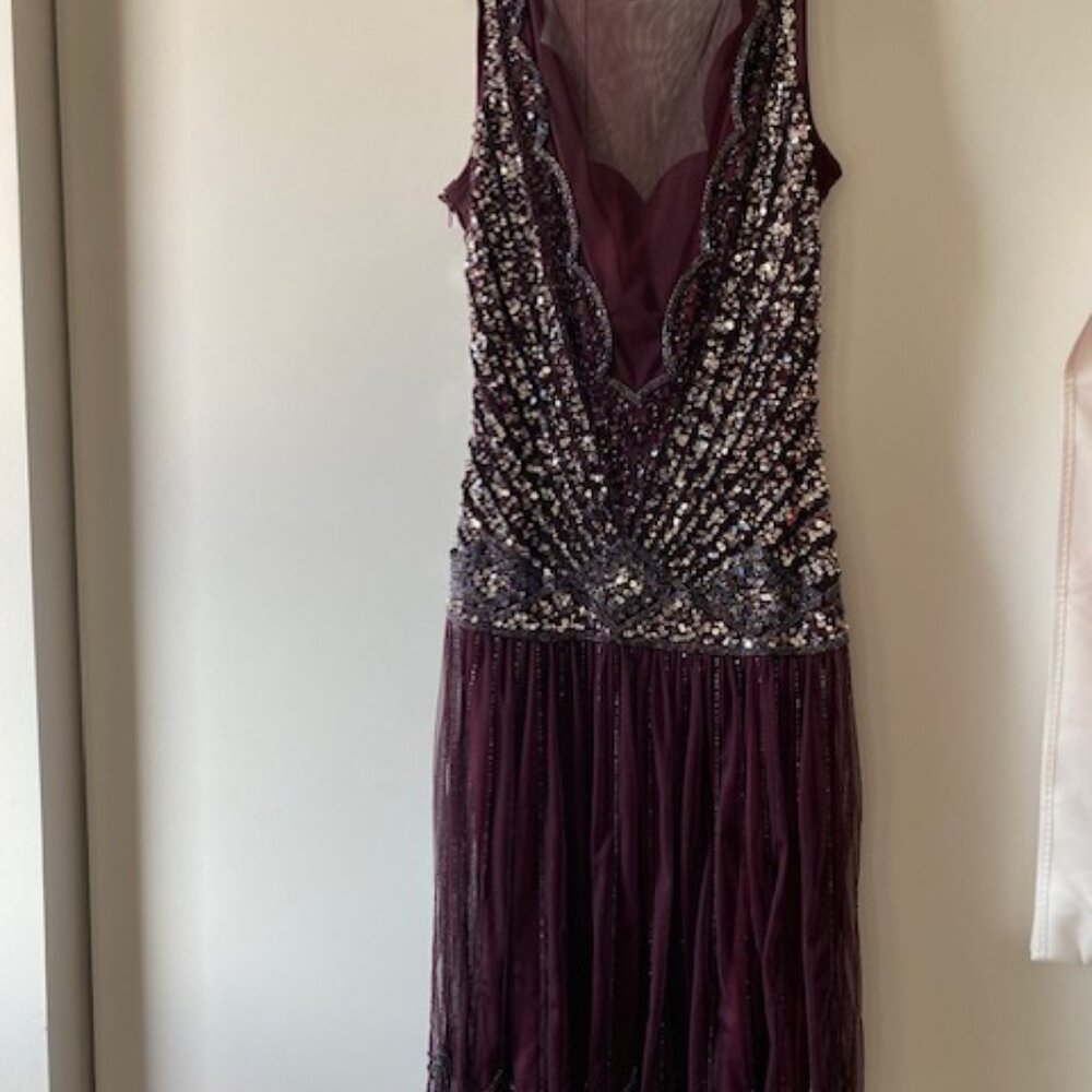 Beautiful net fancy dress in plum color with sequins work and sexy mesh fabric